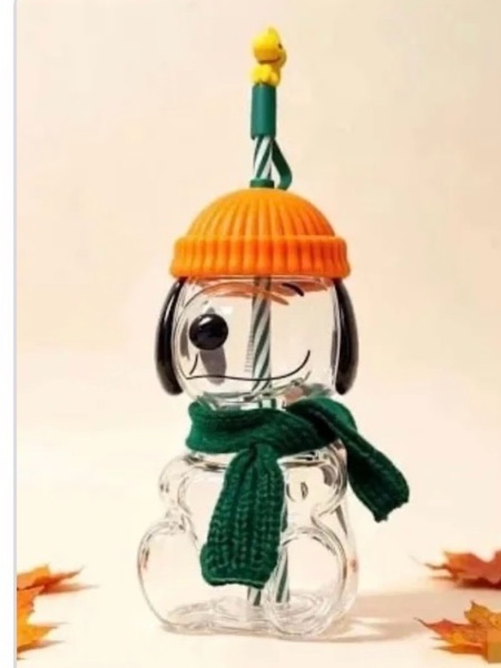 Starbucks x Peanuts Snoopy glass with Orange Beanie and Green Scarf